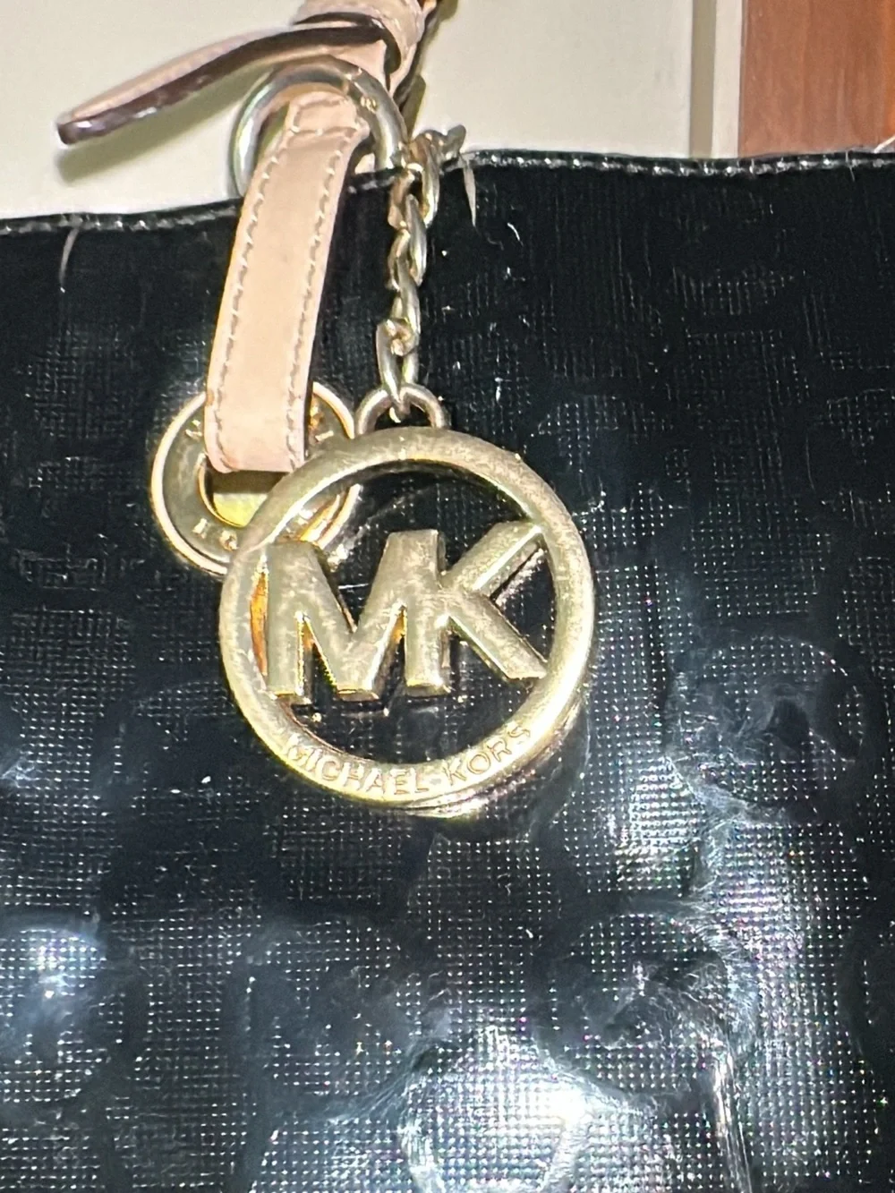Michael Kors Black Patent Shoulder Tote with Light Tan Straps
